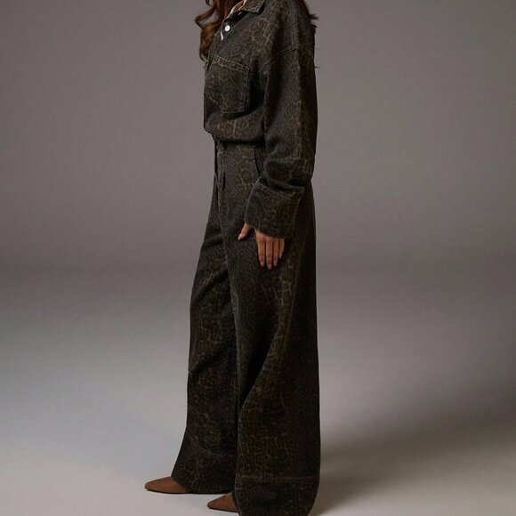 Casual Women's leopard Long Sleeve Button Pocketed Wide Leg jumpsuit - Picture 6 of 6